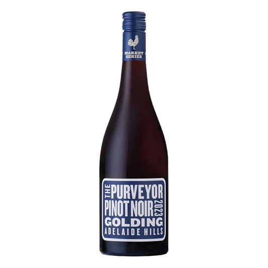 Golding Purveyor Pinot Noir with bright cherry, toasted spice, and a smooth, savoury finish.