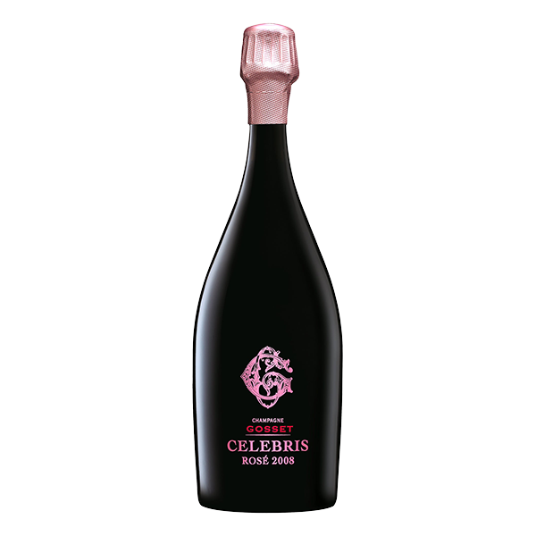 Gosset Celebris Rosé 2008 prestige Champagne with red fruit, florals, and elegant mineral finish.