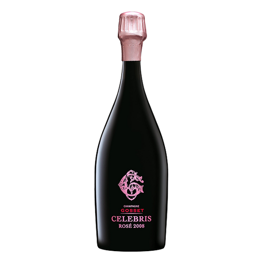 Gosset Celebris Rosé 2008 prestige Champagne with red fruit, florals, and elegant mineral finish.