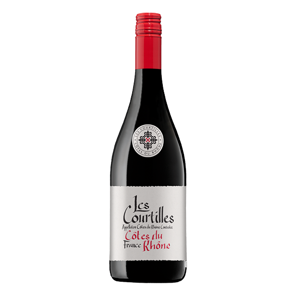 Les Courtilles Côtes du Rhône, a vibrant French red wine with dark berries, sweet cherry, savoury spice, and fine tannins.