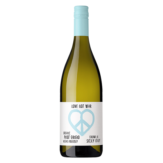 Love Not War Organic Pinot Grigio with green pear, citrus, and a smooth, textured finish — a vibrant Italian white perfect for seafood.