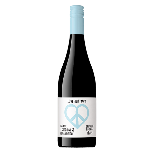 Love Not War Organic Sangiovese with dark cherry, herbs, and savoury tannins — a vibrant, organic red perfect for lasagna.