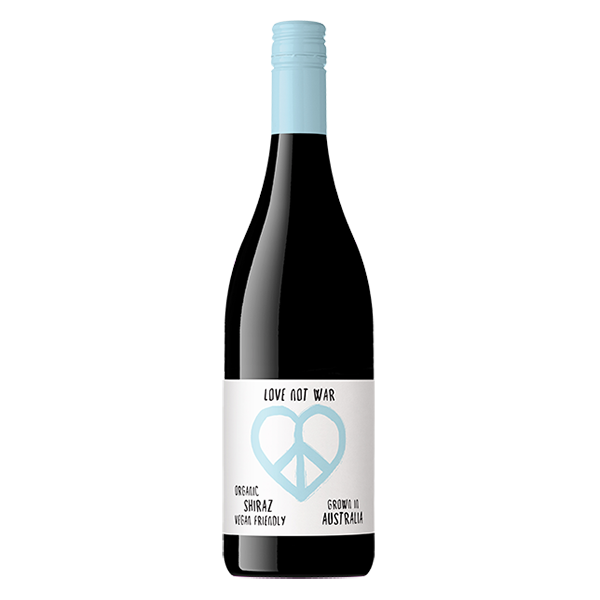 Love Not War Organic Shiraz with ripe cherry, blackberry, and fine tannins — perfect for chargrilled steak.