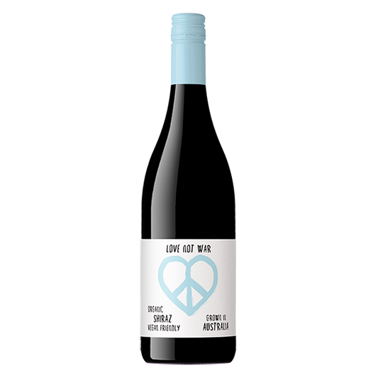 Love Not War Organic Shiraz with ripe cherry, blackberry, and fine tannins — perfect for chargrilled steak.