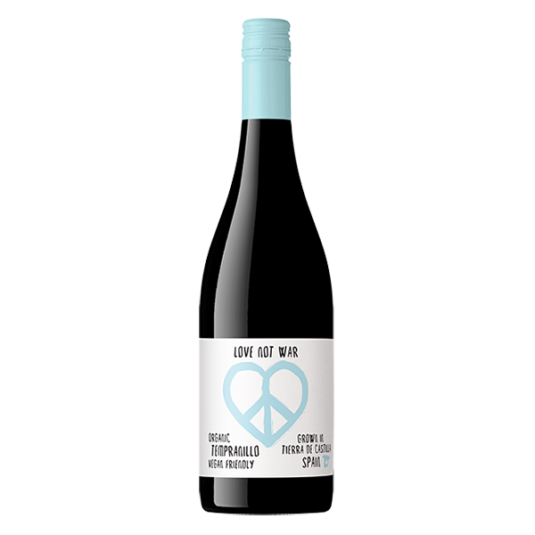 Love Not War Organic Tempranillo with juicy berries, cherry cola, and mellow oak — perfect with roast lamb.