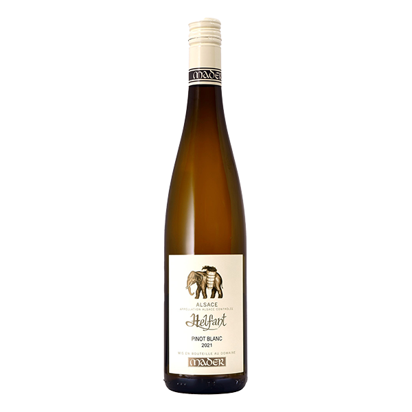 Jean-Luc Mader Pinot Blanc Helfant, expressive Alsace white wine with pear, citrus, and saline minerality.