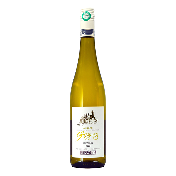 Jean-Luc Mader Riesling Burgweg, a refined Alsace white wine with lime, pear, and flinty mineral notes.
