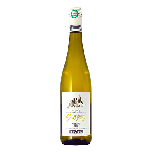 Jean-Luc Mader Riesling Burgweg, a refined Alsace white wine with lime, pear, and flinty mineral notes.