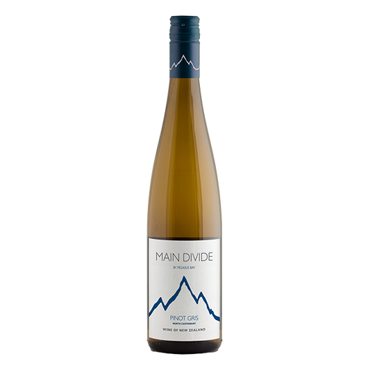 Main Divide Pinot Gris, a vibrant New Zealand white wine with rose petal, tropical fruits, and a crisp, refreshing finish.