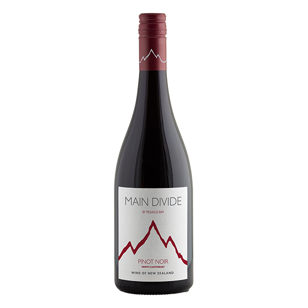 Main Divide Pinot Noir, a vibrant ruby-coloured New Zealand red wine with cherry, rhubarb, and velvety tannins.