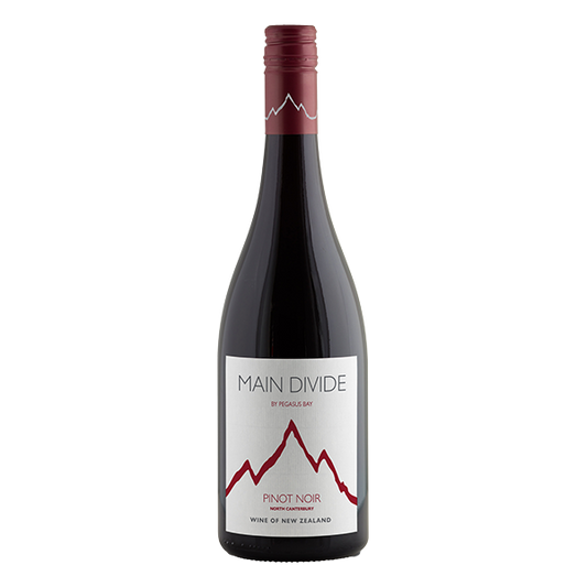 Main Divide Pinot Noir, a vibrant ruby-coloured New Zealand red wine with cherry, rhubarb, and velvety tannins.