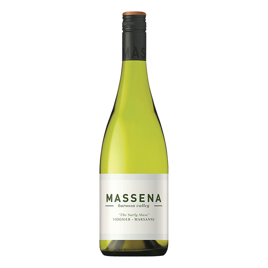 Massena The Surly Muse Viognier, a rich Barossa white with apricot, honeysuckle, wild fennel, and a creamy, mineral-driven finish.