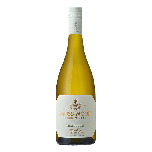 Moss Wood Ribbon Vale Chardonnay, a 96-point Margaret River white wine with peach, nectarine, and nutty complexity.
