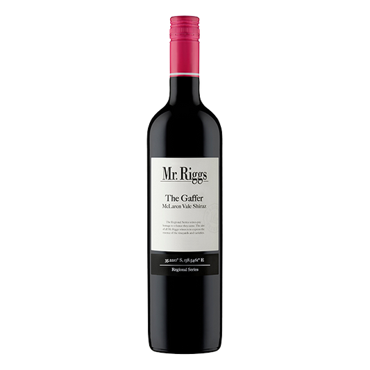 Mr. Riggs The Gaffer Shiraz, a vibrant McLaren Vale red wine with red berries, warm tannins, and a silky texture.