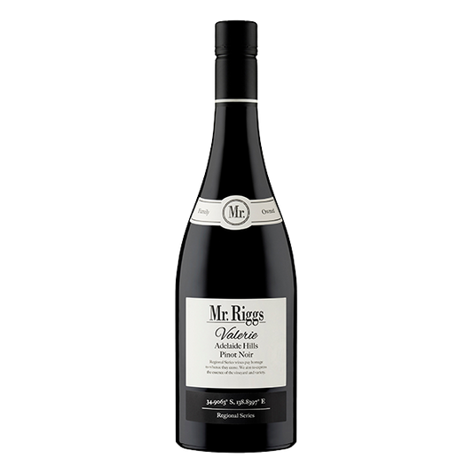 Mr. Riggs Valerie Pinot Noir, a bright and aromatic red wine with cherry, raspberry, and silky tannins.
