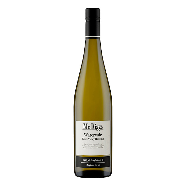 Mr. Riggs Watervale Riesling, a crisp Clare Valley white with zesty lime, citrus blossom, and bright fruit sweetness.