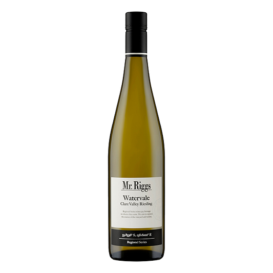 Mr. Riggs Watervale Riesling, a crisp Clare Valley white with zesty lime, citrus blossom, and bright fruit sweetness.