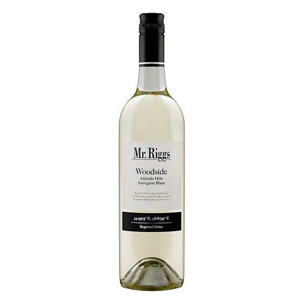 Mr. Riggs Woodside Sauvignon Blanc, a vibrant Adelaide Hills white wine with passionfruit, grapefruit, and crisp acidity.