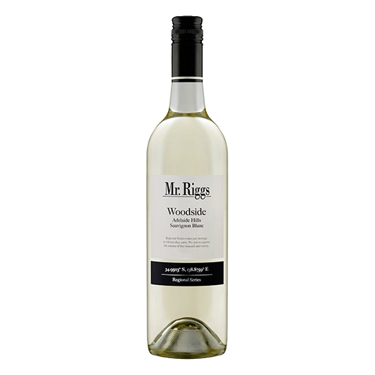 Mr. Riggs Woodside Sauvignon Blanc, a vibrant Adelaide Hills white wine with passionfruit, grapefruit, and crisp acidity.