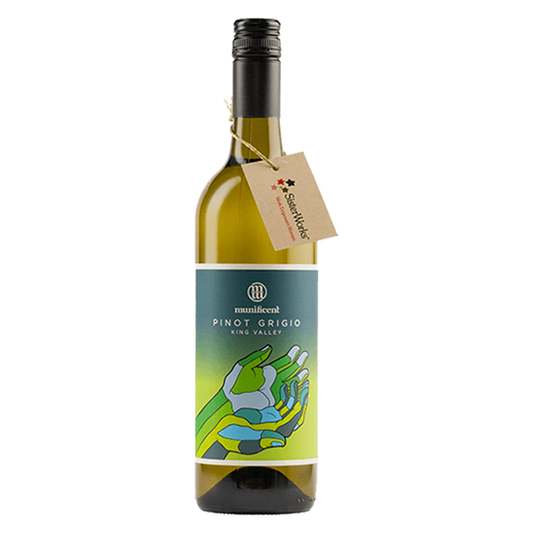 Munificent Pinot Grigio with pear and citrus flavours, crisp dry finish, and social impact.
