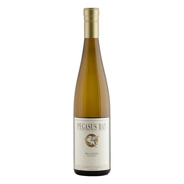 Pegasus Bay Bel Canto Dry Riesling, a North Canterbury white wine with tropical fruit, zesty acidity, and a vibrant finish.