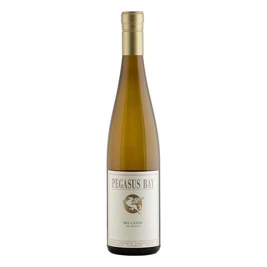 Pegasus Bay Bel Canto Dry Riesling, a North Canterbury white wine with tropical fruit, zesty acidity, and a vibrant finish.