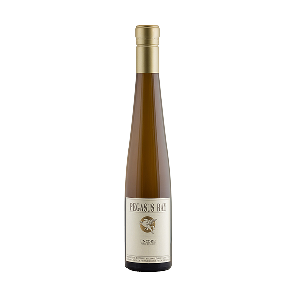 Pegasus Bay Encore Noble Riesling, a luxurious North Canterbury dessert wine with honey, quince, and rich botrytis intensity.