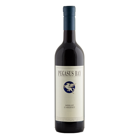 Pegasus Bay Merlot Cabernet, a North Canterbury red wine with blackcurrant, plum, mocha, and earthy spice.
