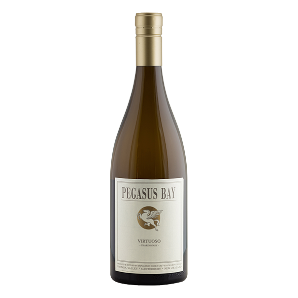 Pegasus Bay Virtuoso Chardonnay, a 95-point North Canterbury white wine with grapefruit, smoky bacon, and refined acidity.