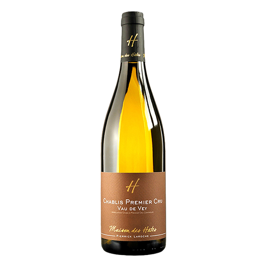 Pierrick Laroche Chablis Vau de Vey Premier Cru with floral aromas, citrus, stone fruit, and a refined saline finish.