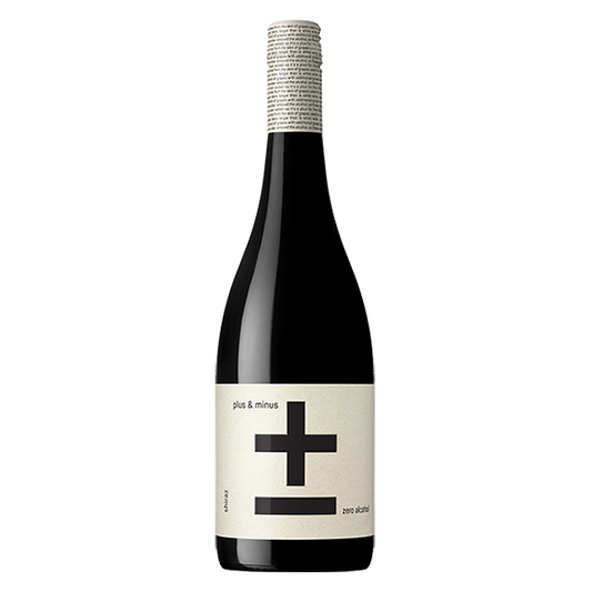 Plus & Minus Zero Alcohol Shiraz with dark berries, cocoa, and soft tannins.