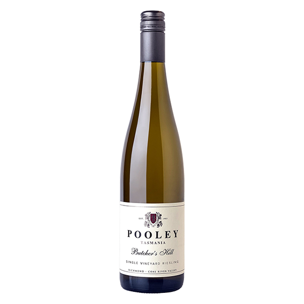 Pooley Butcher’s Hill Riesling, a vibrant Tasmanian white with tropical fruit, lime zest, and fine acidity.