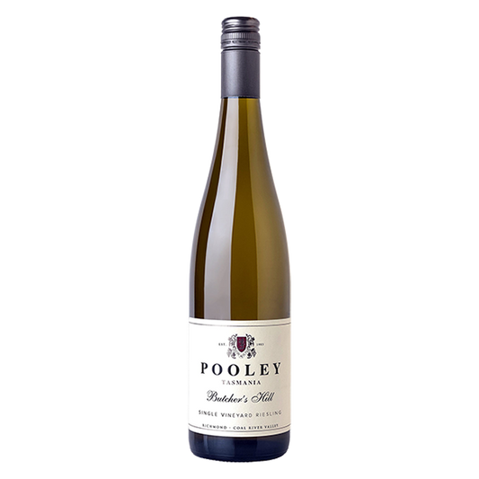 Pooley Butcher’s Hill Riesling, a vibrant Tasmanian white with tropical fruit, lime zest, and fine acidity.