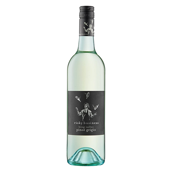 Risky Business Pinot Grigio, a crisp Australian white wine with pear, passionfruit, and subtle mineral acidity.
