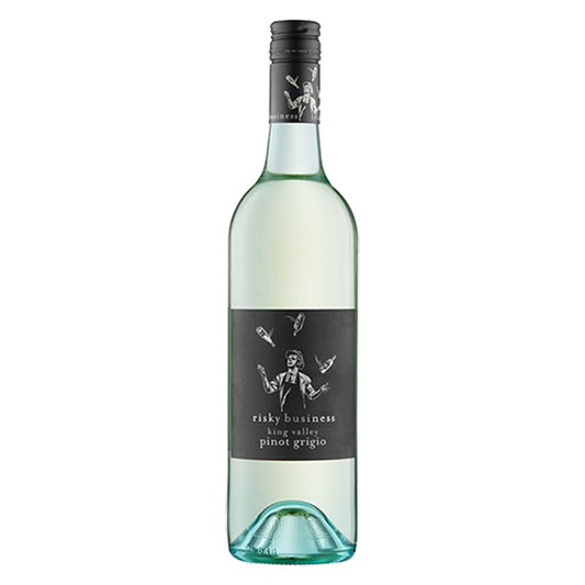 Risky Business Pinot Grigio, a crisp Australian white wine with pear, passionfruit, and subtle mineral acidity.
