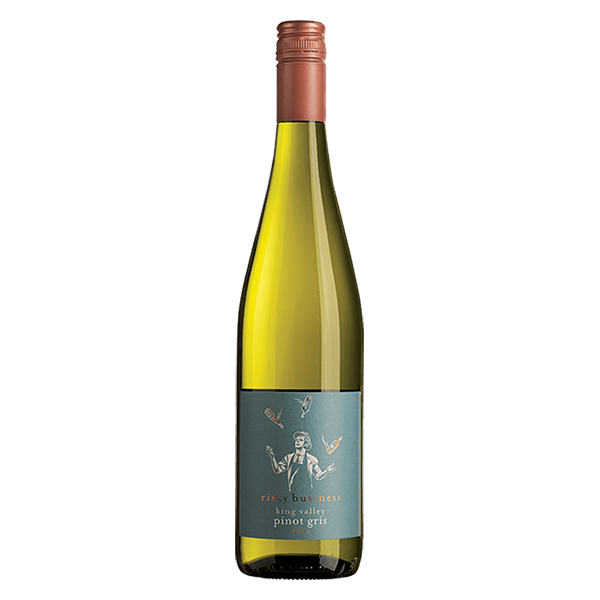 Risky Business Pinot Gris with white peach, green apple, and a creamy, fresh finish.