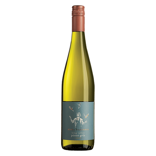 Risky Business Pinot Gris with white peach, green apple, and a creamy, fresh finish.