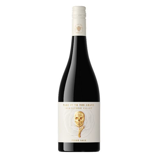 Take it to the Grave Pinot Noir with strawberry, plum, and cherry aromas, fine tannins, and a smooth, balanced finish.