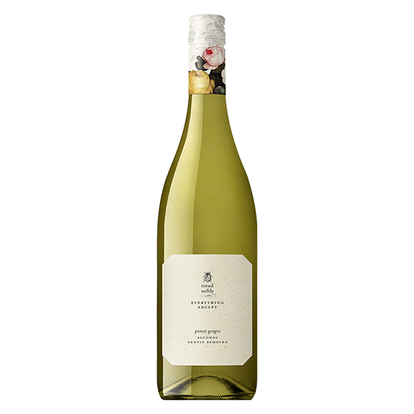 Tread Softly Everything Except Pinot Grigio, a crisp alcohol-free white wine with pear, apple, and citrus.