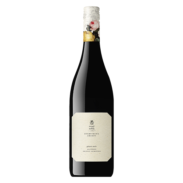 Tread Softly Everything Except Pinot Noir, a smooth alcohol-free red wine with cherry, strawberry, and fine tannins.