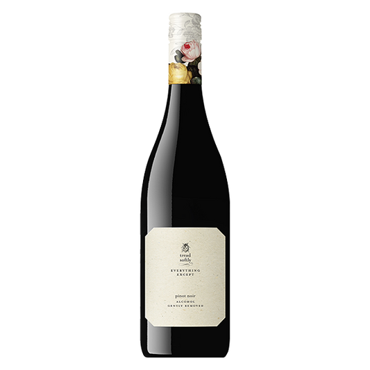 Tread Softly Everything Except Pinot Noir, a smooth alcohol-free red wine with cherry, strawberry, and fine tannins.