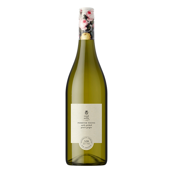 Tread Softly Forever Young Pinot Grigio with crisp lemon, apple, and pear aromas, offering a refreshing palate and zesty finish.