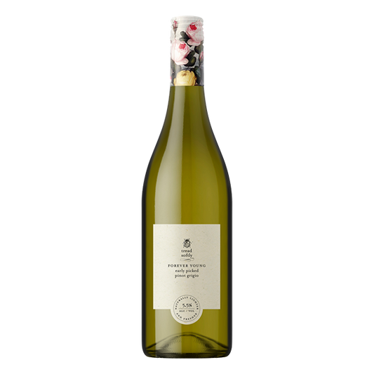 Tread Softly Forever Young Pinot Grigio with crisp lemon, apple, and pear aromas, offering a refreshing palate and zesty finish.