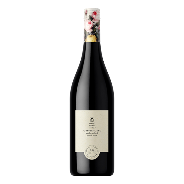 Tread Softly Forever Young Pinot Noir with bright black cherry, fresh strawberry, and a smooth, lingering finish.