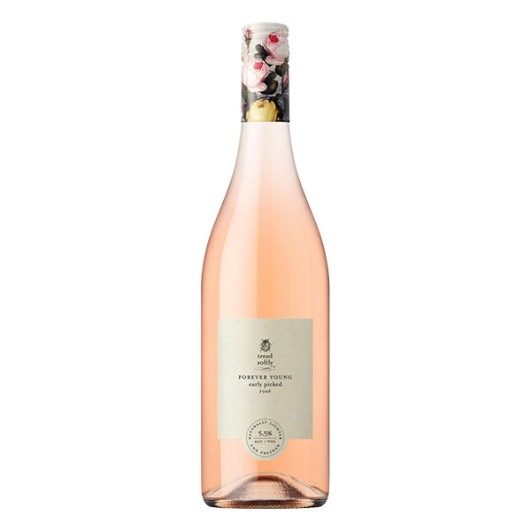 Tread Softly Forever Young Rosé with pale pink hues, strawberries, citrus, and a vibrant, delicate finish.
