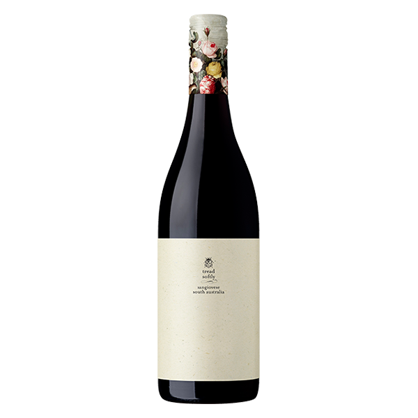 Tread Softly Sangiovese with dark cherry, ripe berries, and subtle earthy notes in a naturally lower alcohol style.