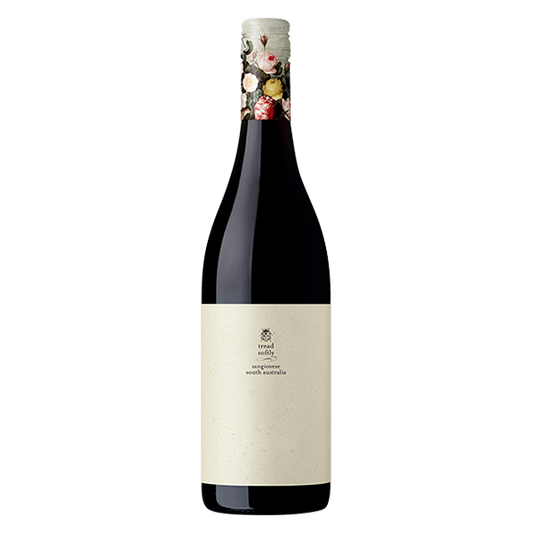 Tread Softly Sangiovese with dark cherry, ripe berries, and subtle earthy notes in a naturally lower alcohol style.