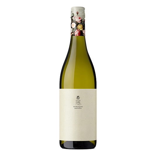 Tread Softly Vermentino with floral aromas, white nectarine, peach, and pink grapefruit, finishing fresh with subtle saline minerality.
