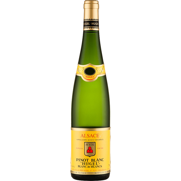 Famille Hugel Pinot Blanc Classic, an elegant Alsace white with floral, green apple, and mirabelle plum notes.