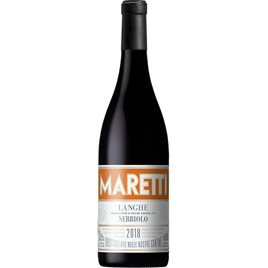Maretti Langhe Nebbiolo with red fruits, dark berries, and fine tannins from Piedmont.